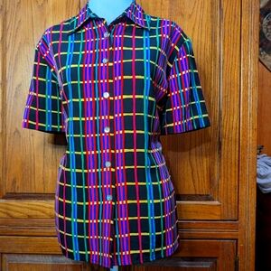 Erena 14 vintage 90s colorful striped silky buttonfront collared shortsleeve top